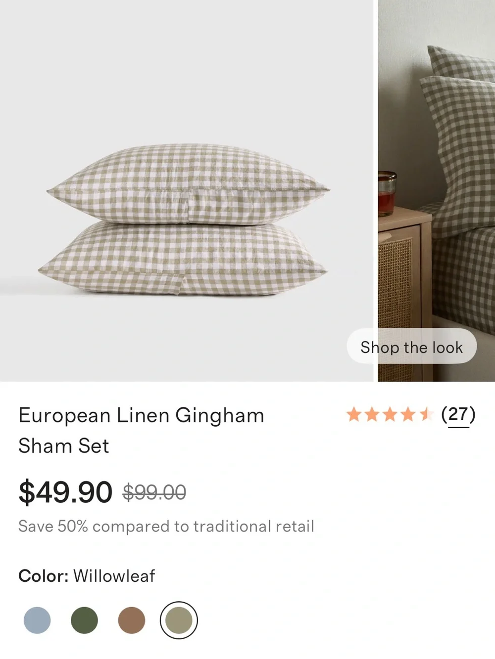 Willowleaf Gingham Linen King Sham Set - Retail $50